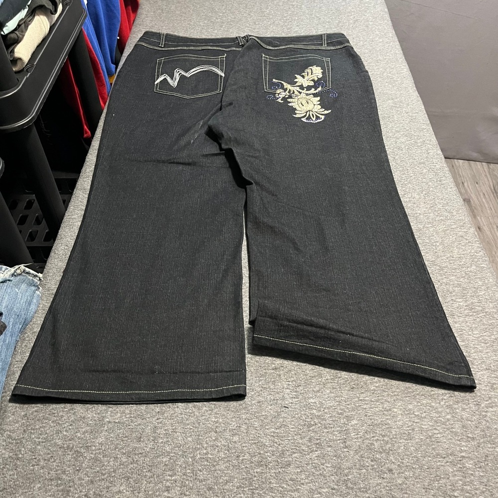 Out of Threads Women Dark Wash Embroidered Rhinestone Wide Leg Jeans Size 24